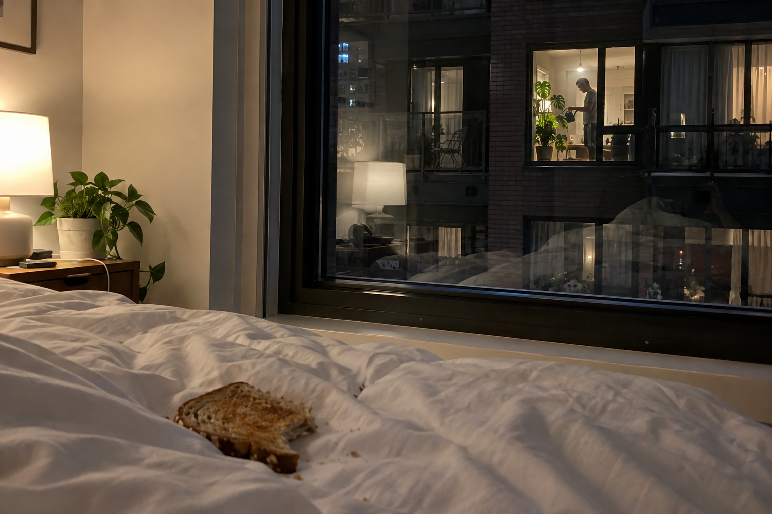 Toast crumbs on borrowed bedding, with a distant neighbour watering a plant across the courtyard.